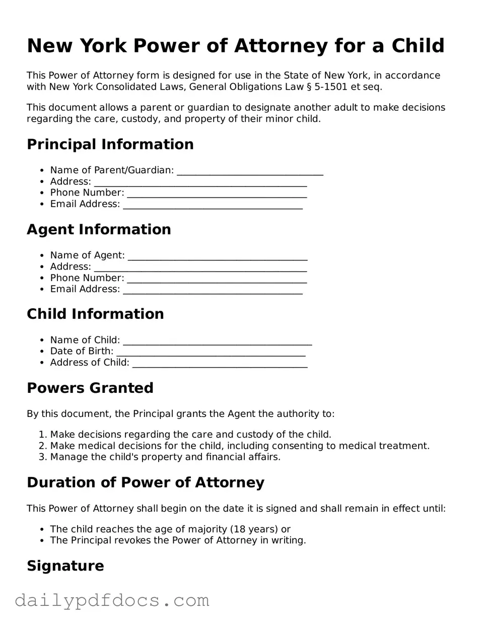 Printable  Power of Attorney for a Child Document for New York