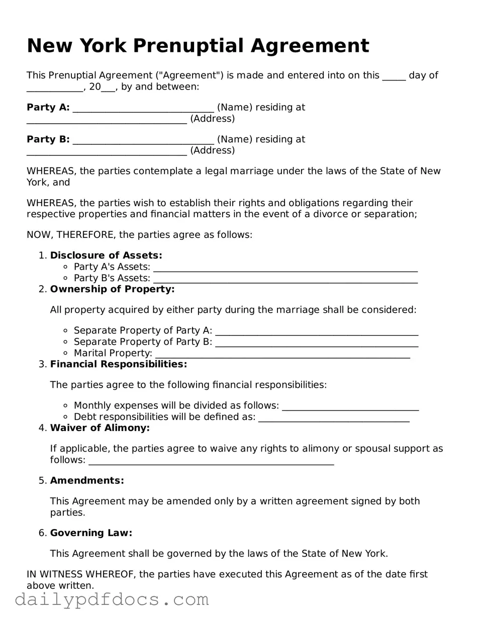 Printable  Prenuptial Agreement Document for New York
