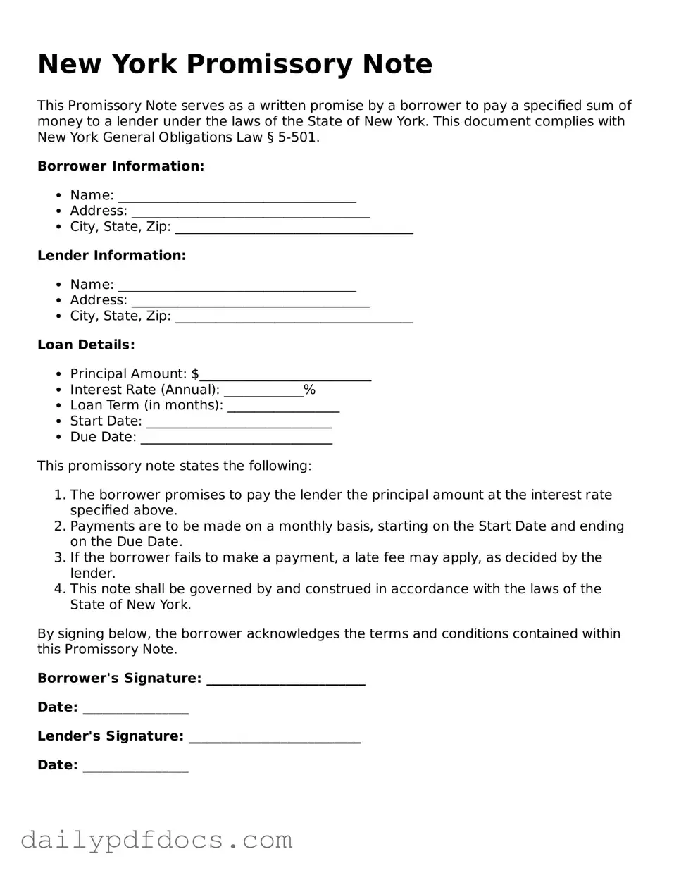 Printable  Promissory Note Document for New York