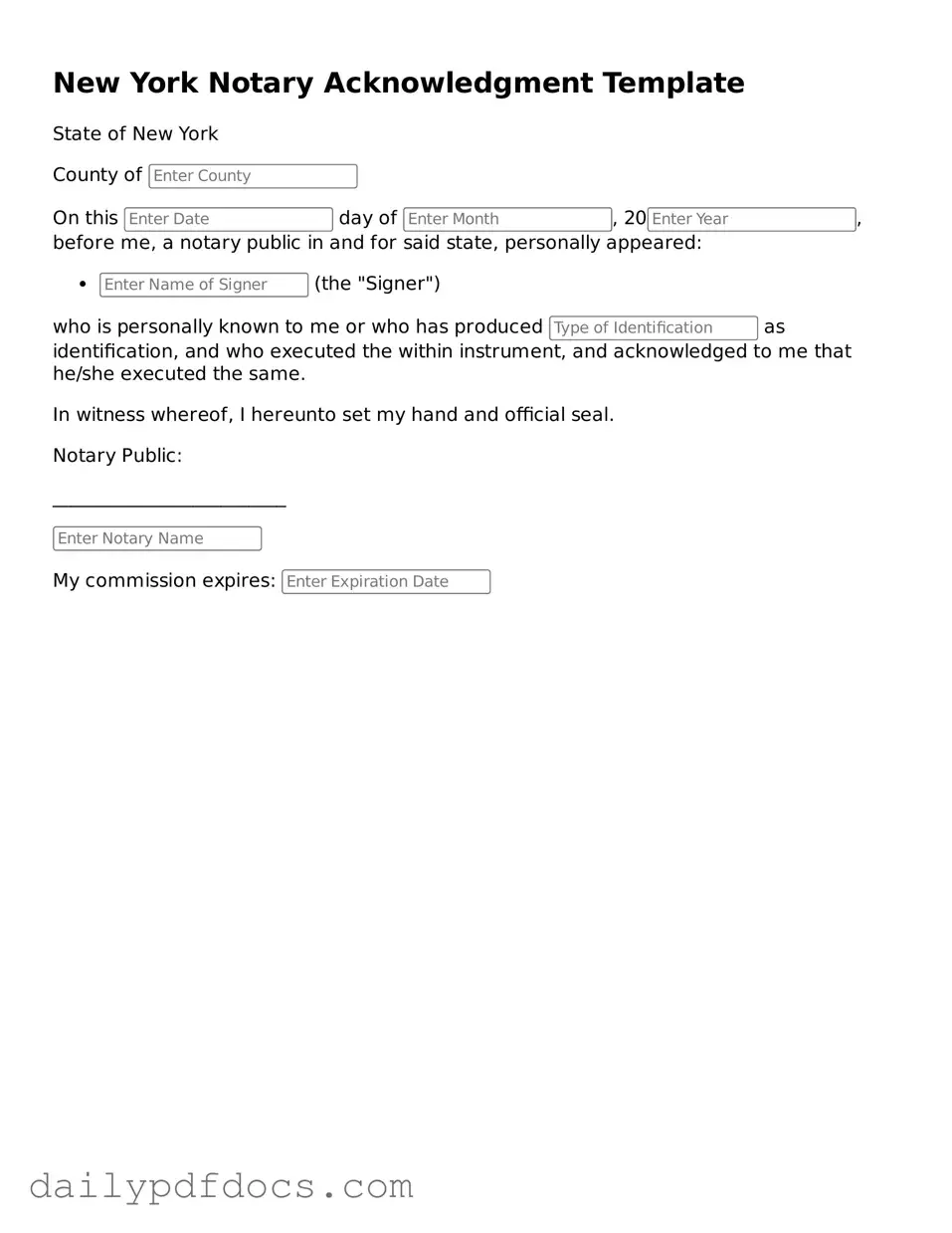 Printable  Notary Acknowledgement Document for New York