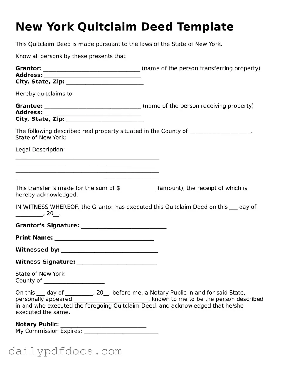 Printable  Quitclaim Deed Document for New York