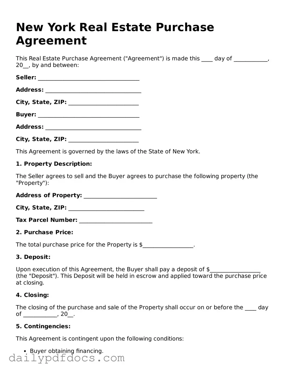 Printable  Real Estate Purchase Agreement Document for New York