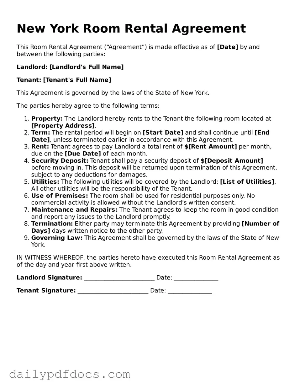 Printable  Room Rental Agreement Document for New York