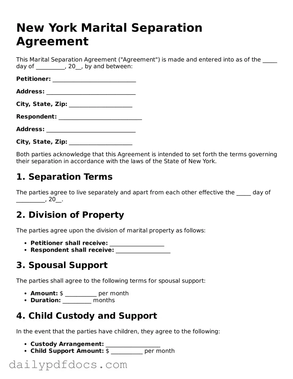 Printable  Marital Separation Agreement Document for New York