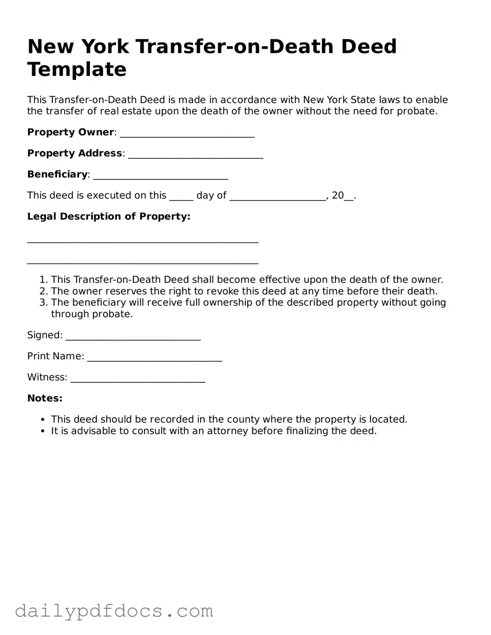Printable  Transfer-on-Death Deed Document for New York