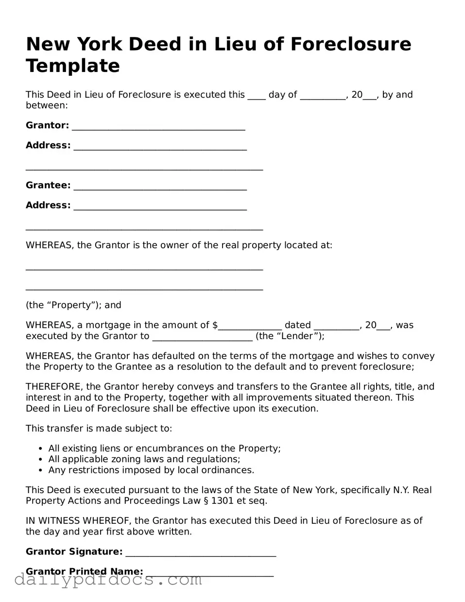Printable  Deed in Lieu of Foreclosure Document for New York