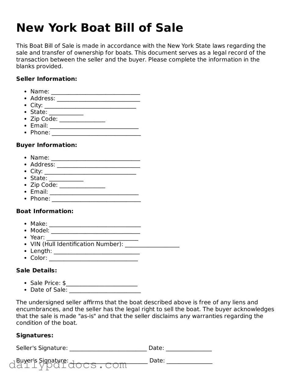 Printable  Boat Bill of Sale Document for New York