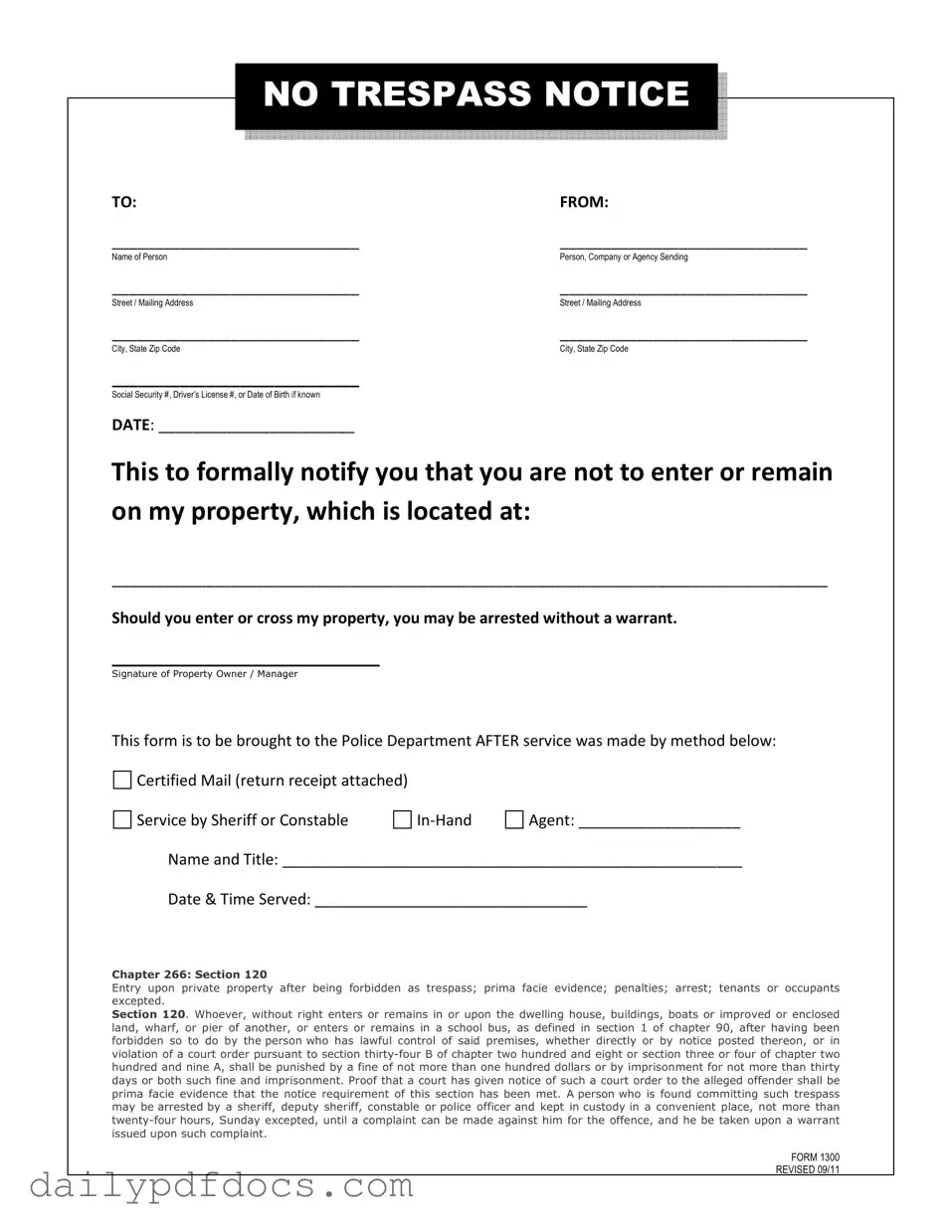 Fill Your No Trespassing Letter Form