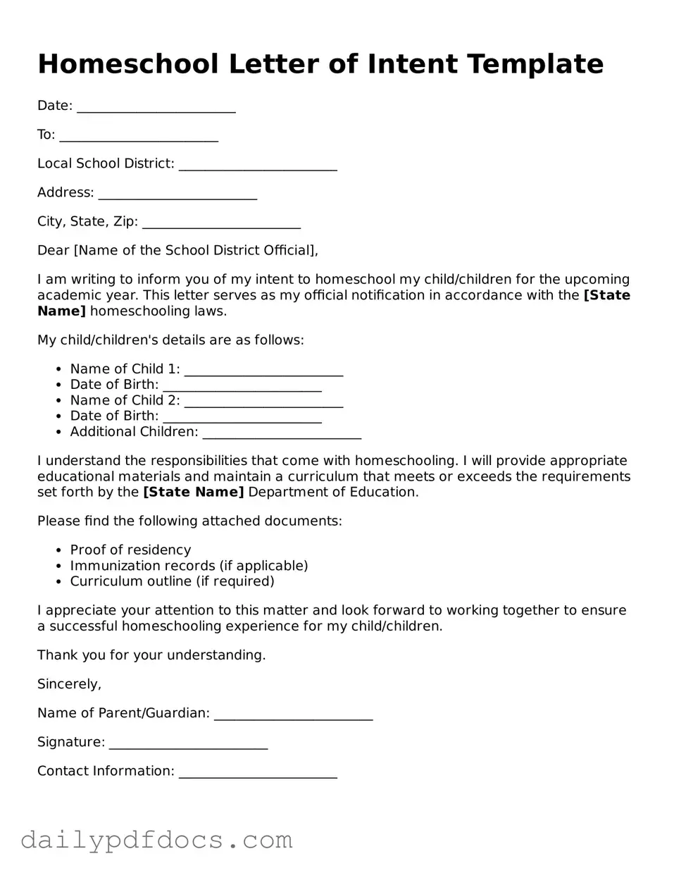 Free Homeschool Letter of Intent Template