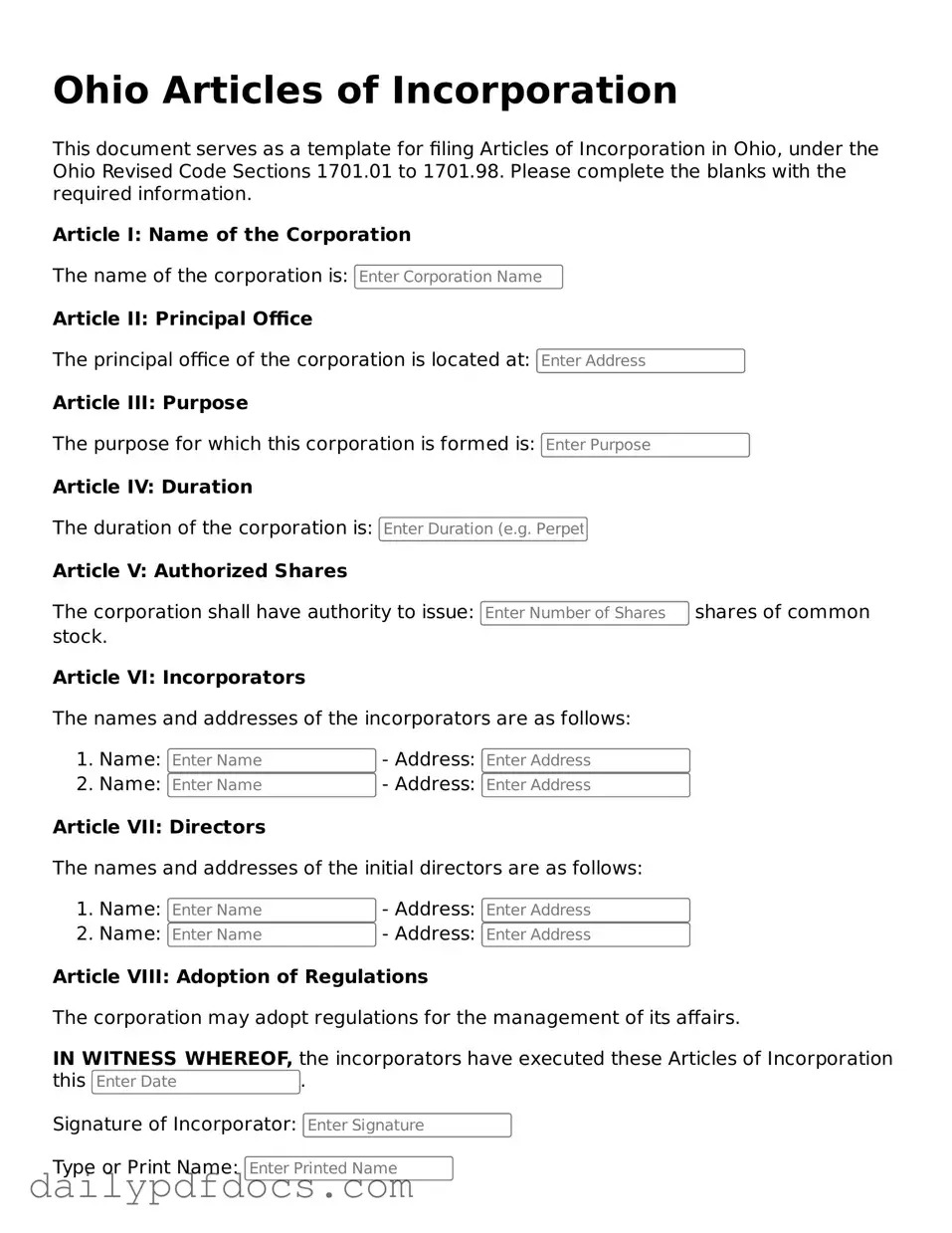 Printable  Articles of Incorporation Document for Ohio