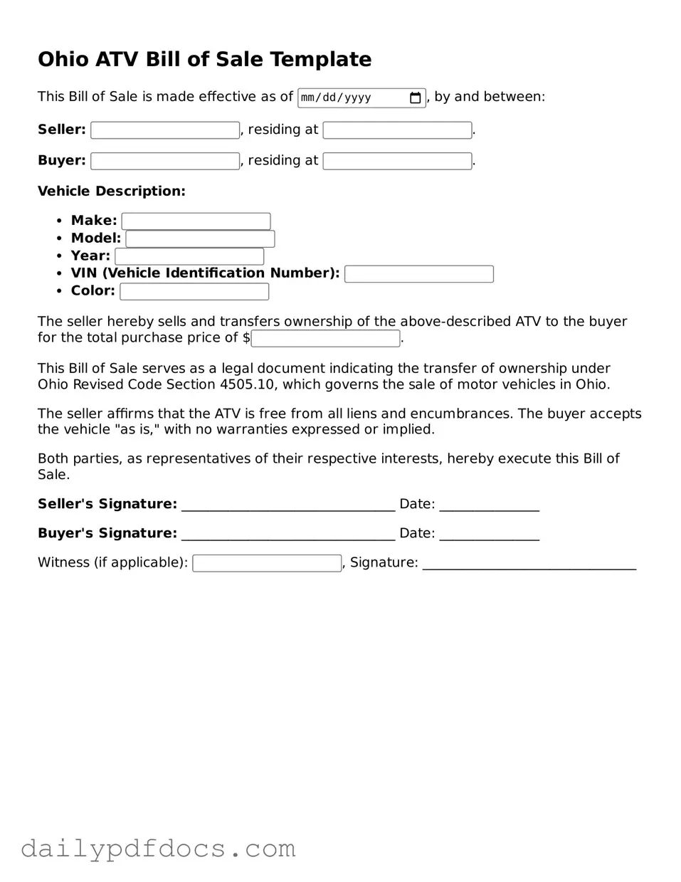 Printable  ATV Bill of Sale Document for Ohio