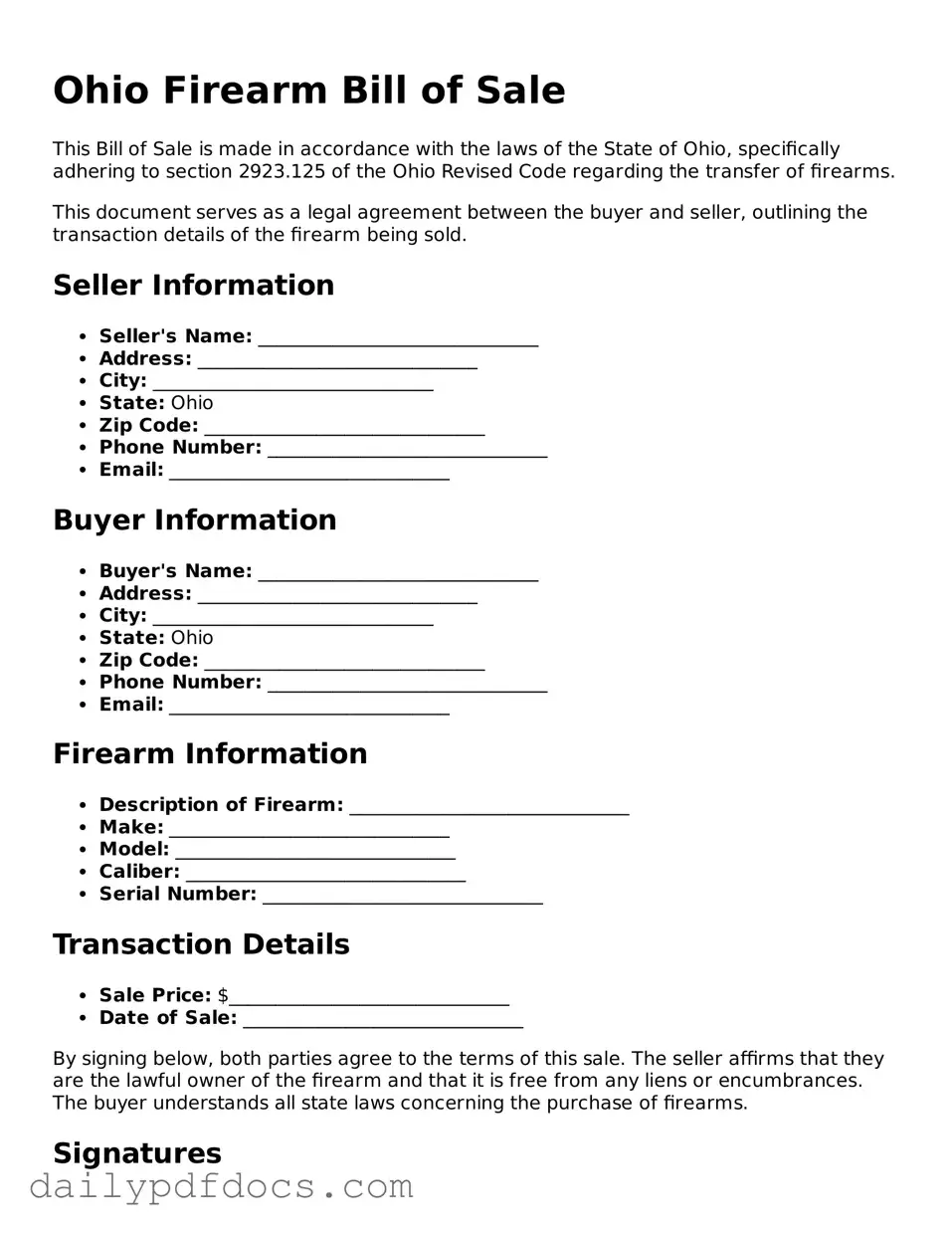 Printable  Firearm Bill of Sale Document for Ohio