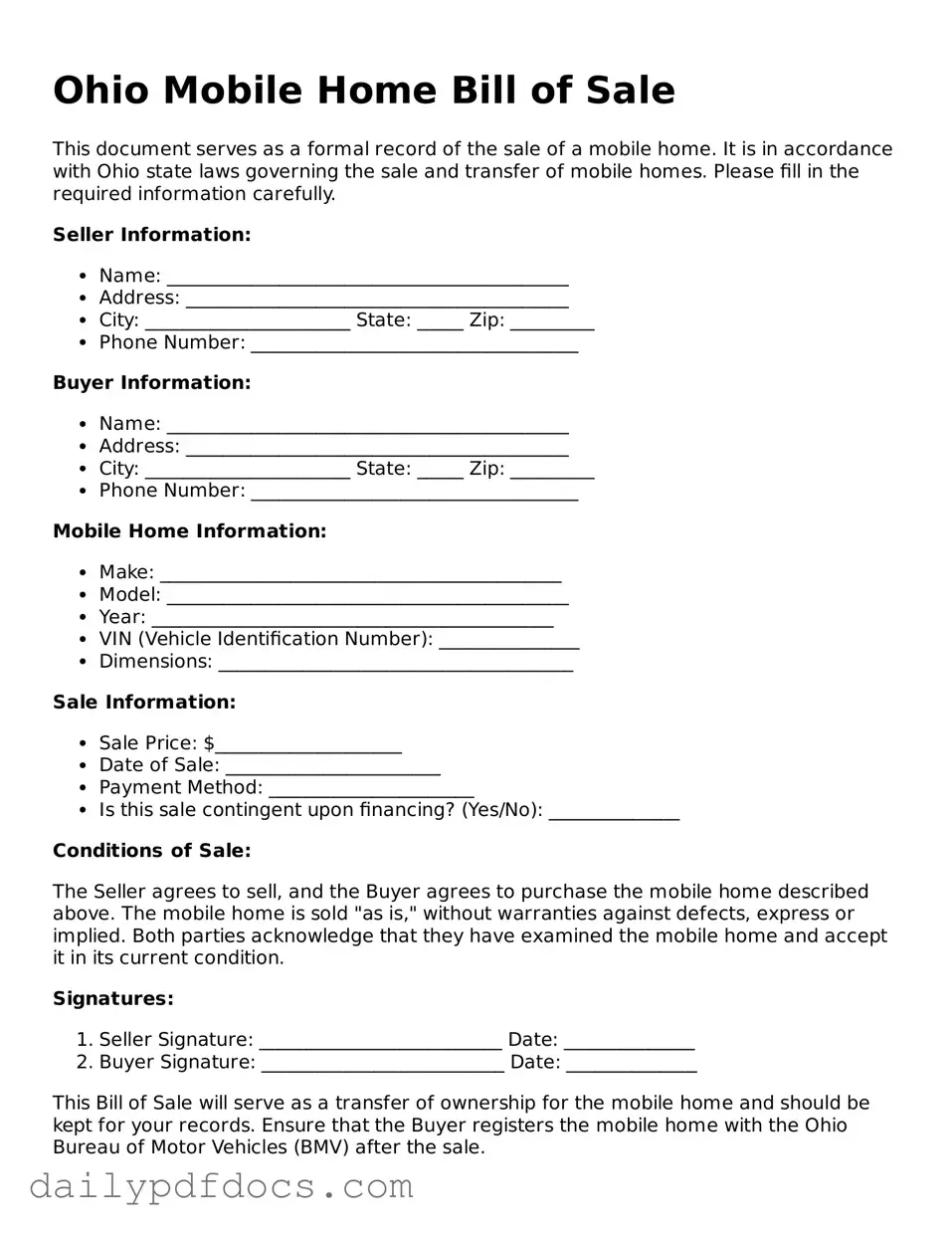 Printable  Mobile Home Bill of Sale Document for Ohio