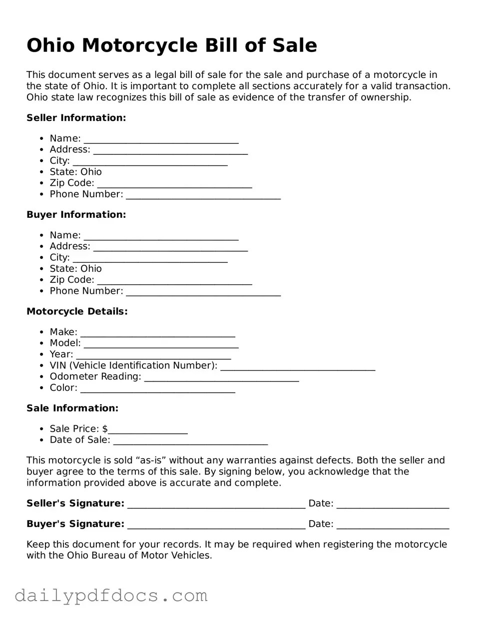Printable  Motorcycle Bill of Sale Document for Ohio