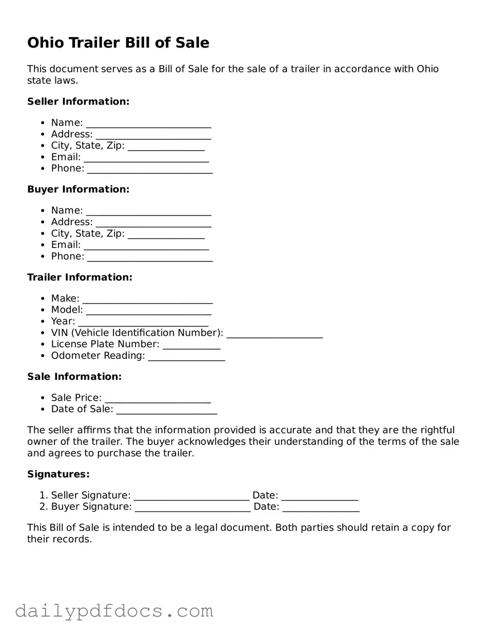Printable  Trailer Bill of Sale Document for Ohio