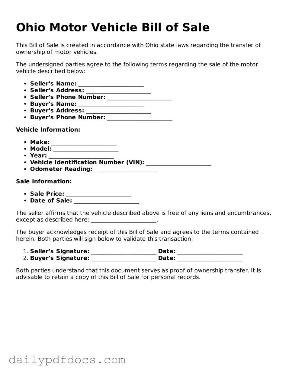 Printable  Motor Vehicle Bill of Sale Document for Ohio