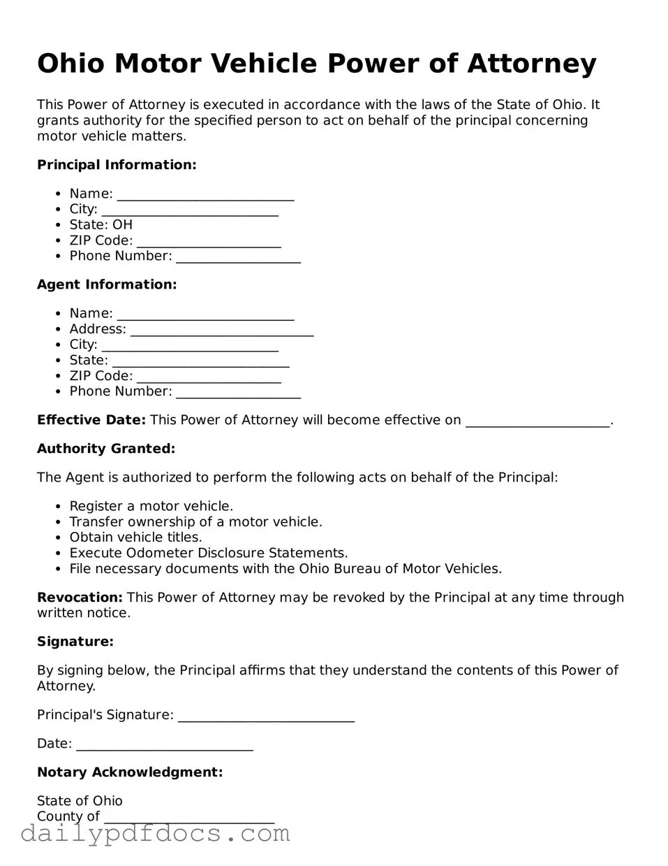 Printable  Motor Vehicle Power of Attorney Document for Ohio