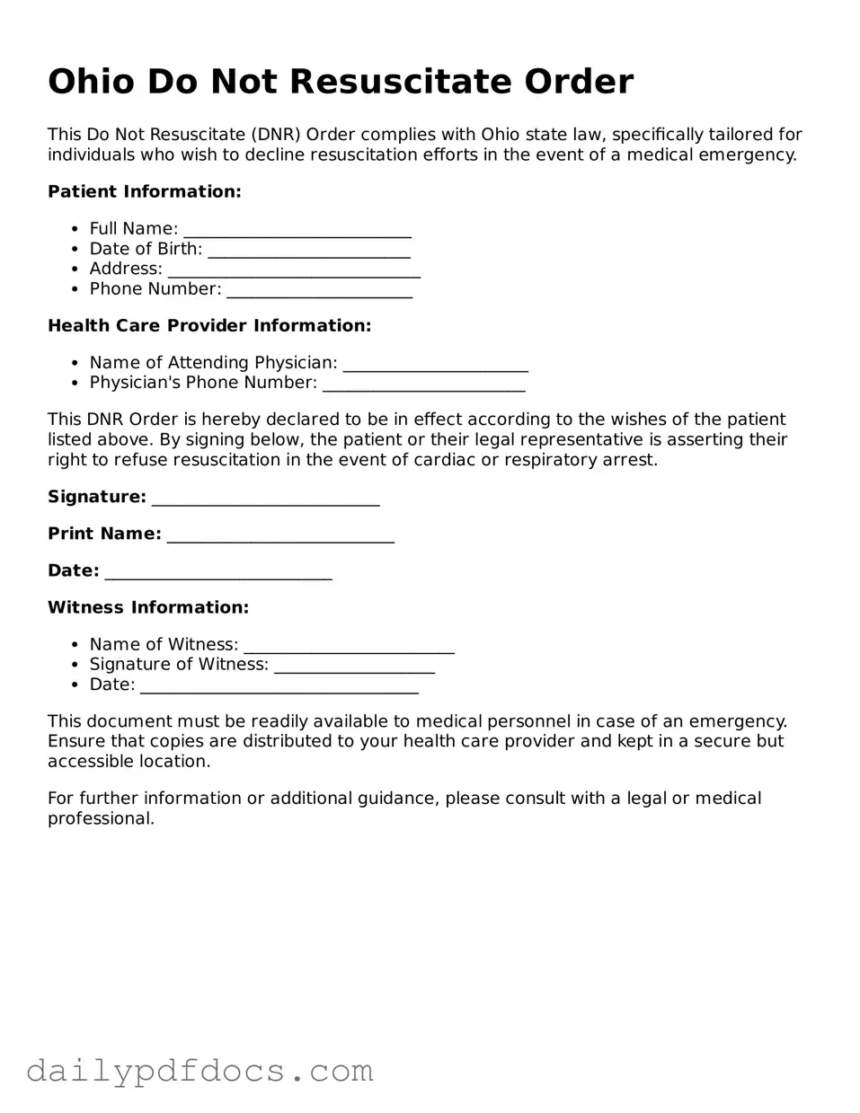 Printable  Do Not Resuscitate Order Document for Ohio