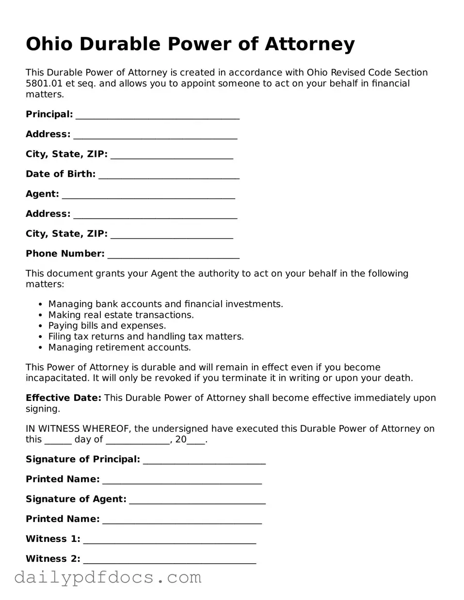 Printable  Durable Power of Attorney Document for Ohio