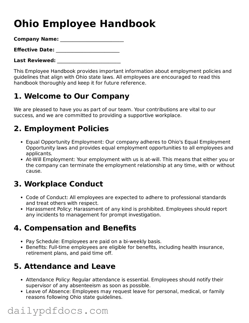 Printable  Employee Handbook Document for Ohio