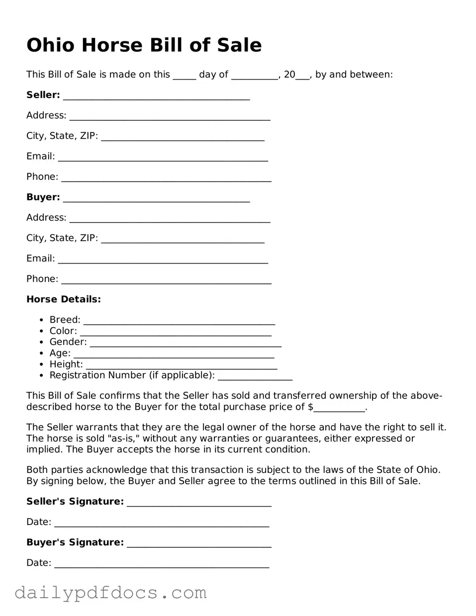 Printable  Horse Bill of Sale Document for Ohio
