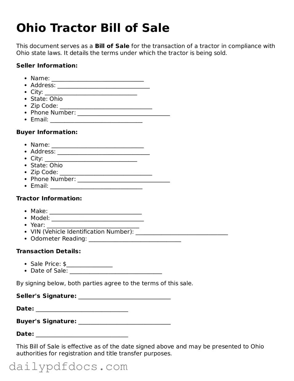 Printable  Tractor Bill of Sale Document for Ohio