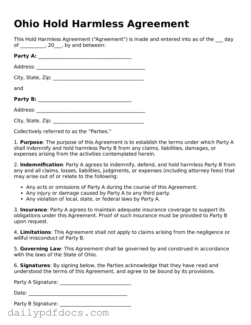 Printable  Hold Harmless Agreement Document for Ohio