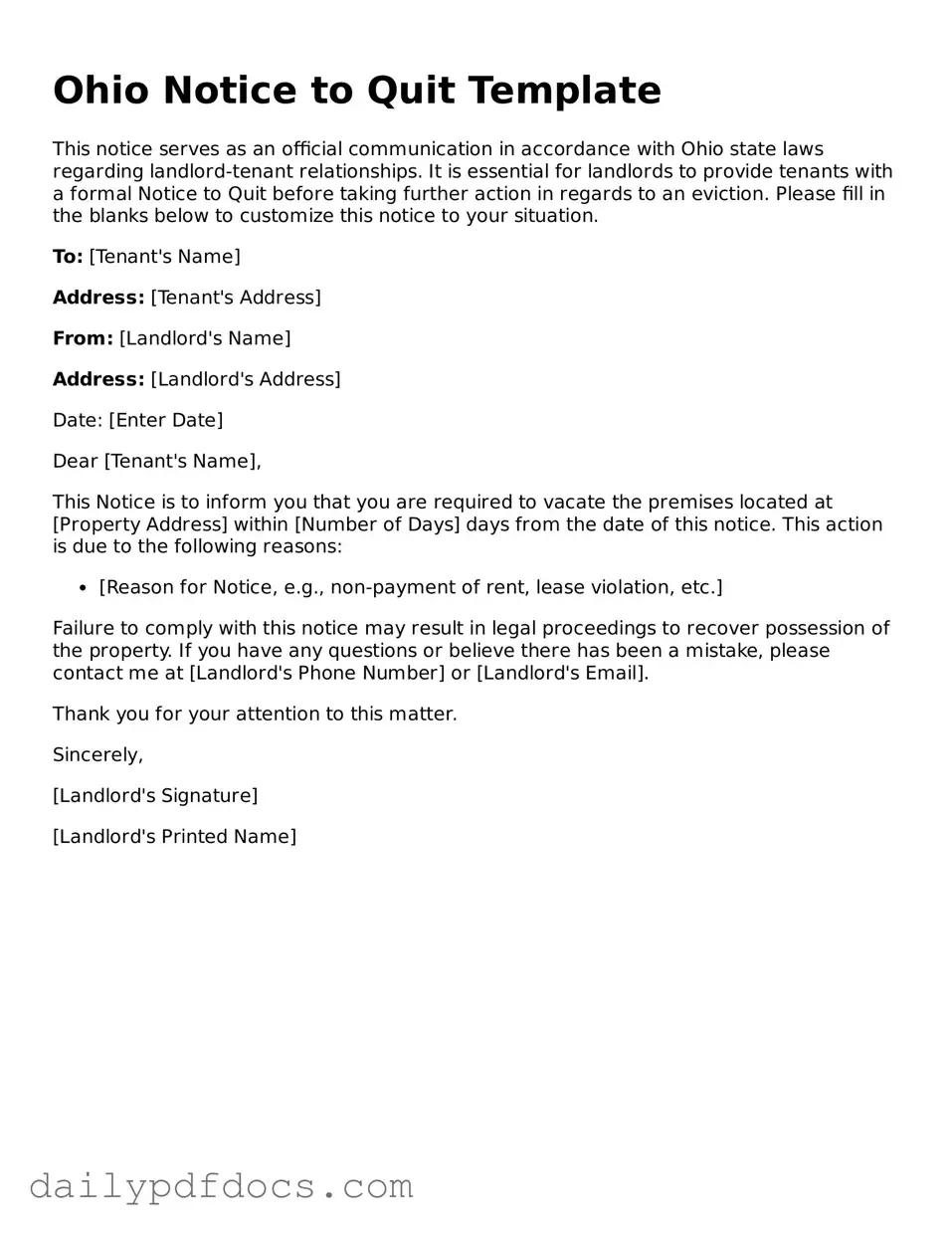 Printable  Notice to Quit Document for Ohio