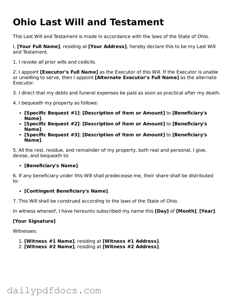 Printable  Last Will and Testament Document for Ohio