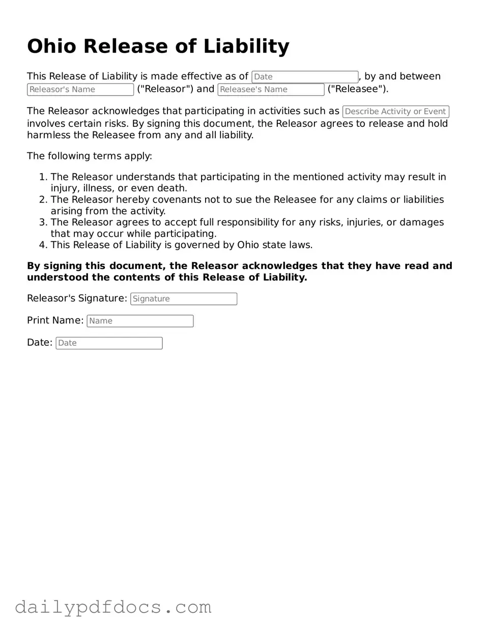 Printable  Release of Liability Document for Ohio
