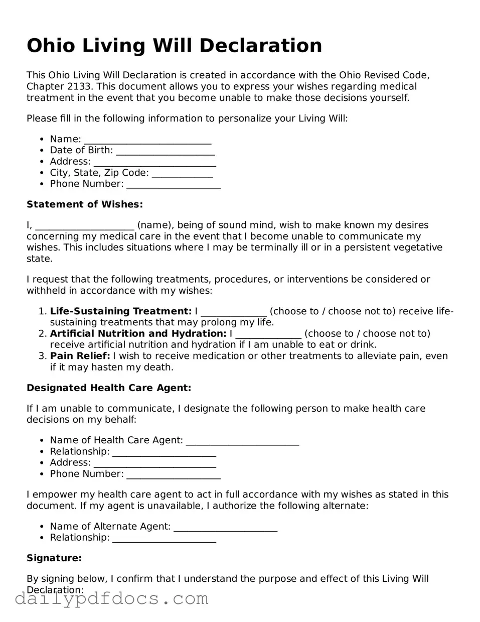 Printable  Living Will Document for Ohio