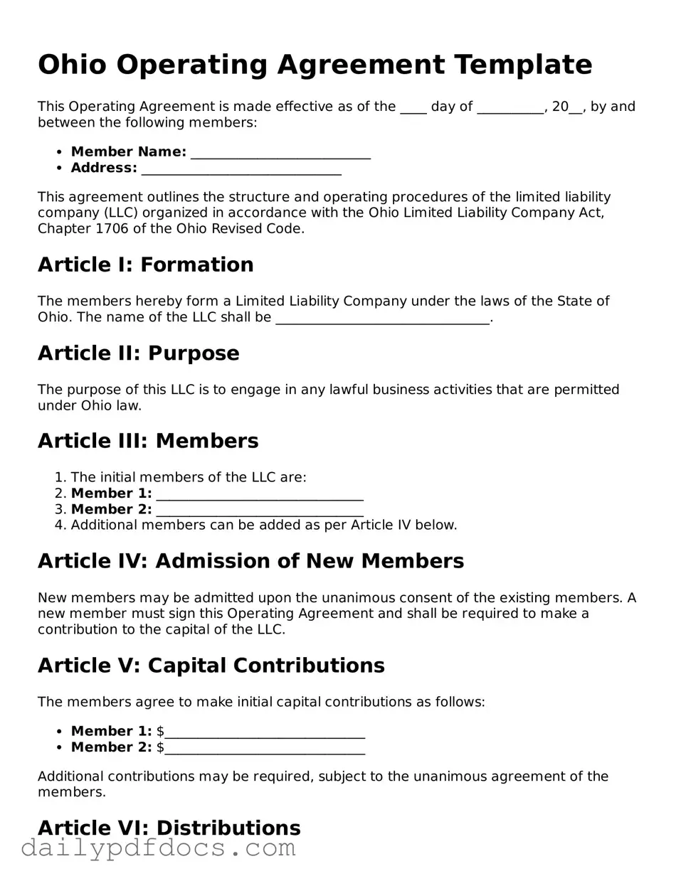 Printable  Operating Agreement Document for Ohio