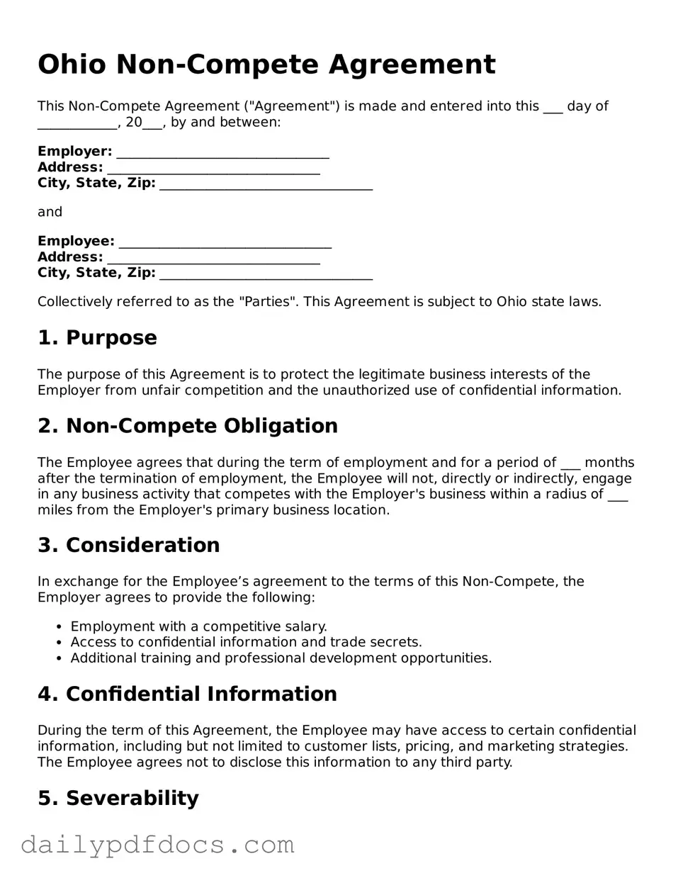 Printable  Non-compete Agreement Document for Ohio