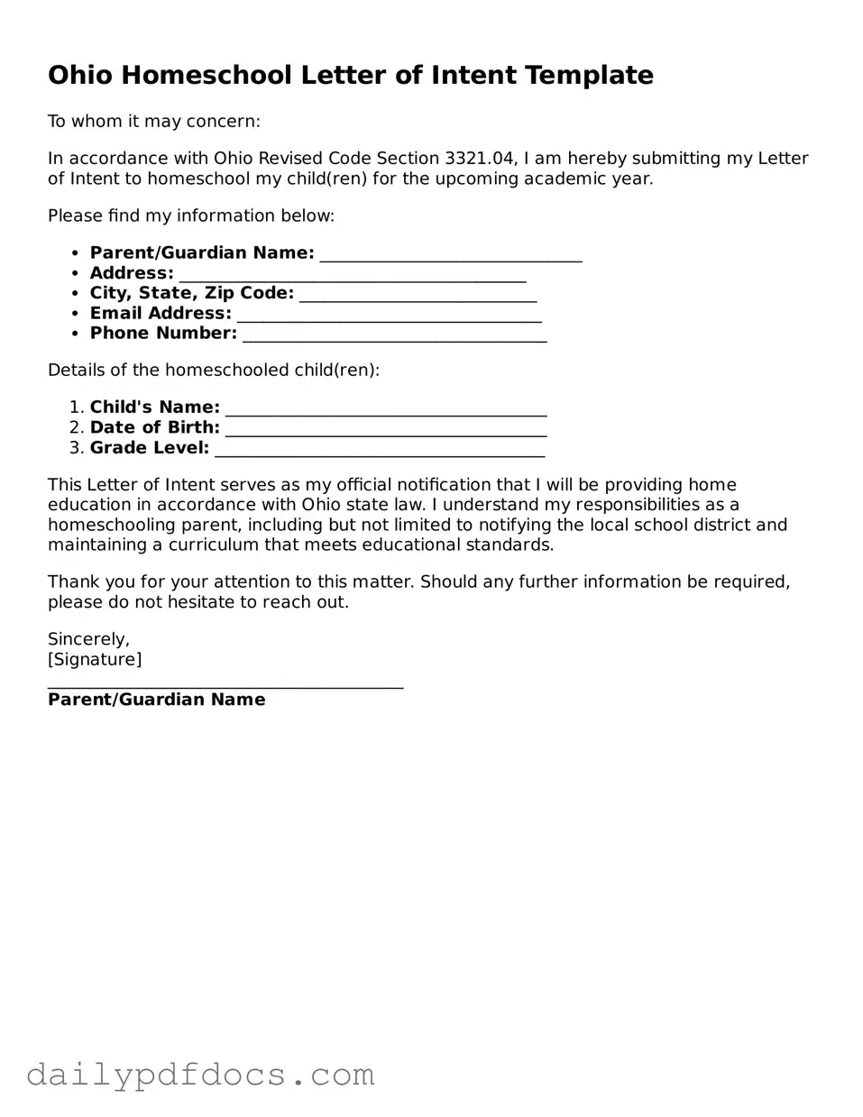 Printable  Homeschool Letter of Intent Document for Ohio