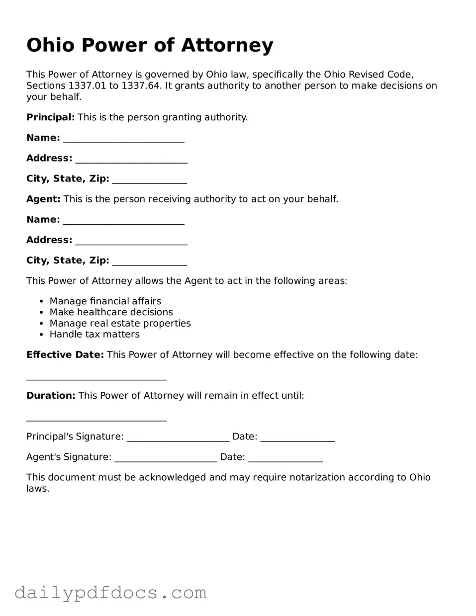 Printable  Power of Attorney Document for Ohio