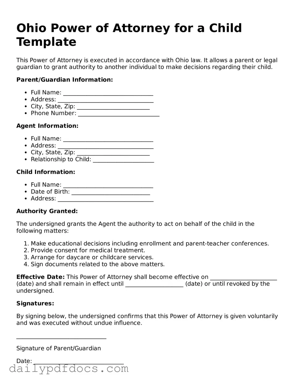 Printable  Power of Attorney for a Child Document for Ohio