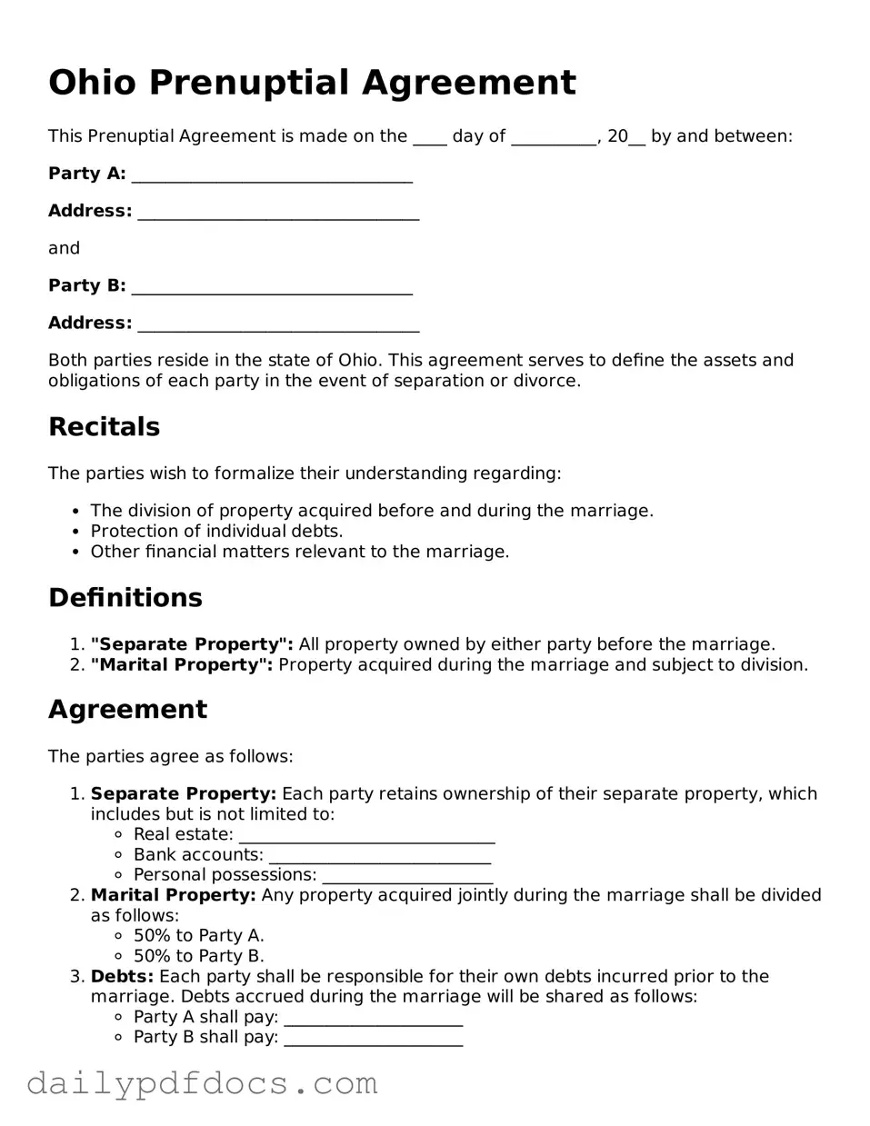 Printable  Prenuptial Agreement Document for Ohio