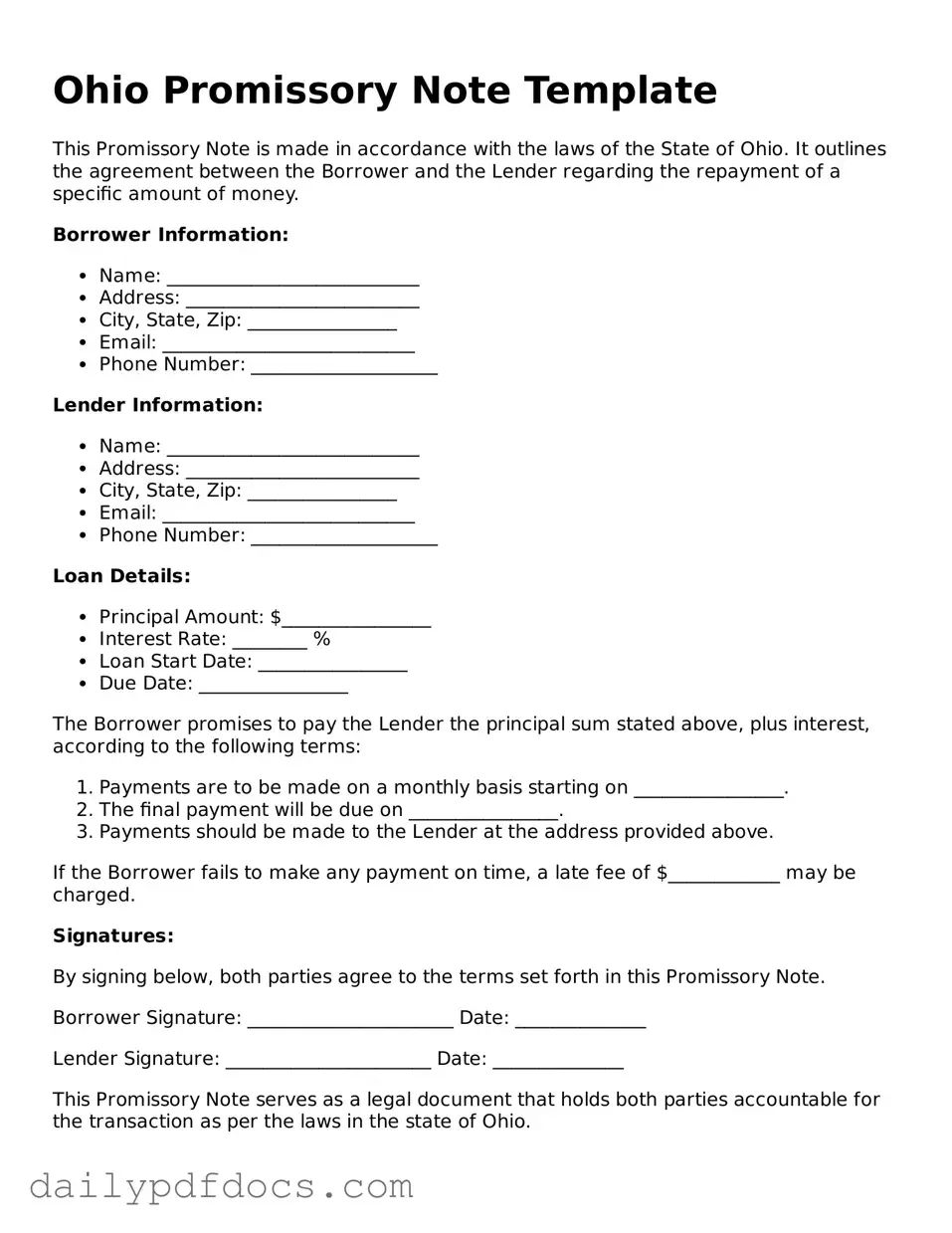 Printable  Promissory Note Document for Ohio