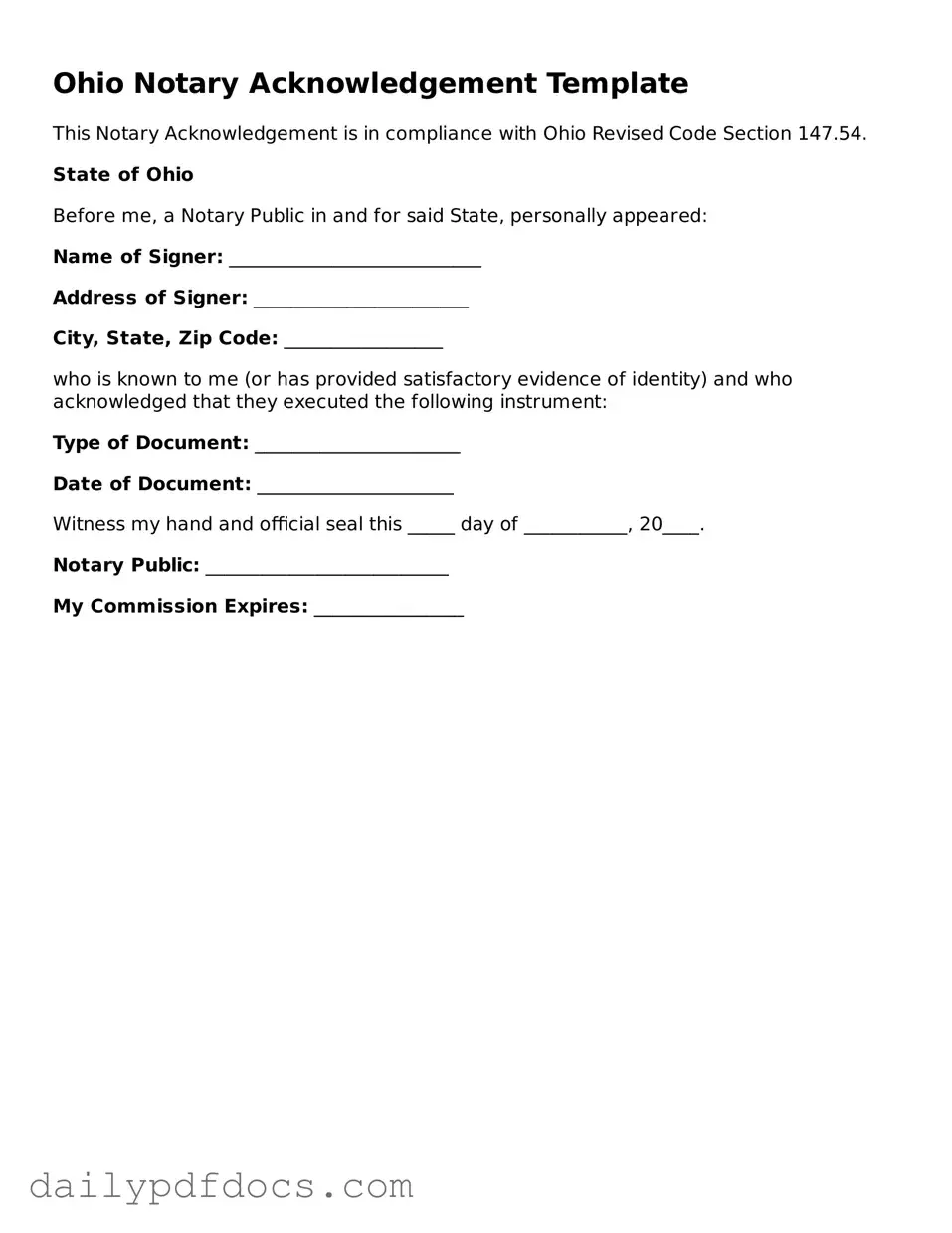 Printable  Notary Acknowledgement Document for Ohio