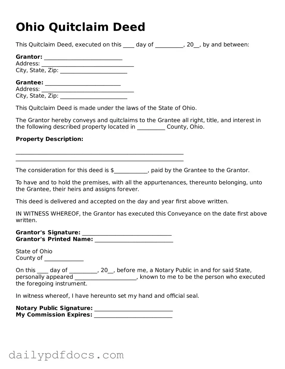 Printable  Quitclaim Deed Document for Ohio