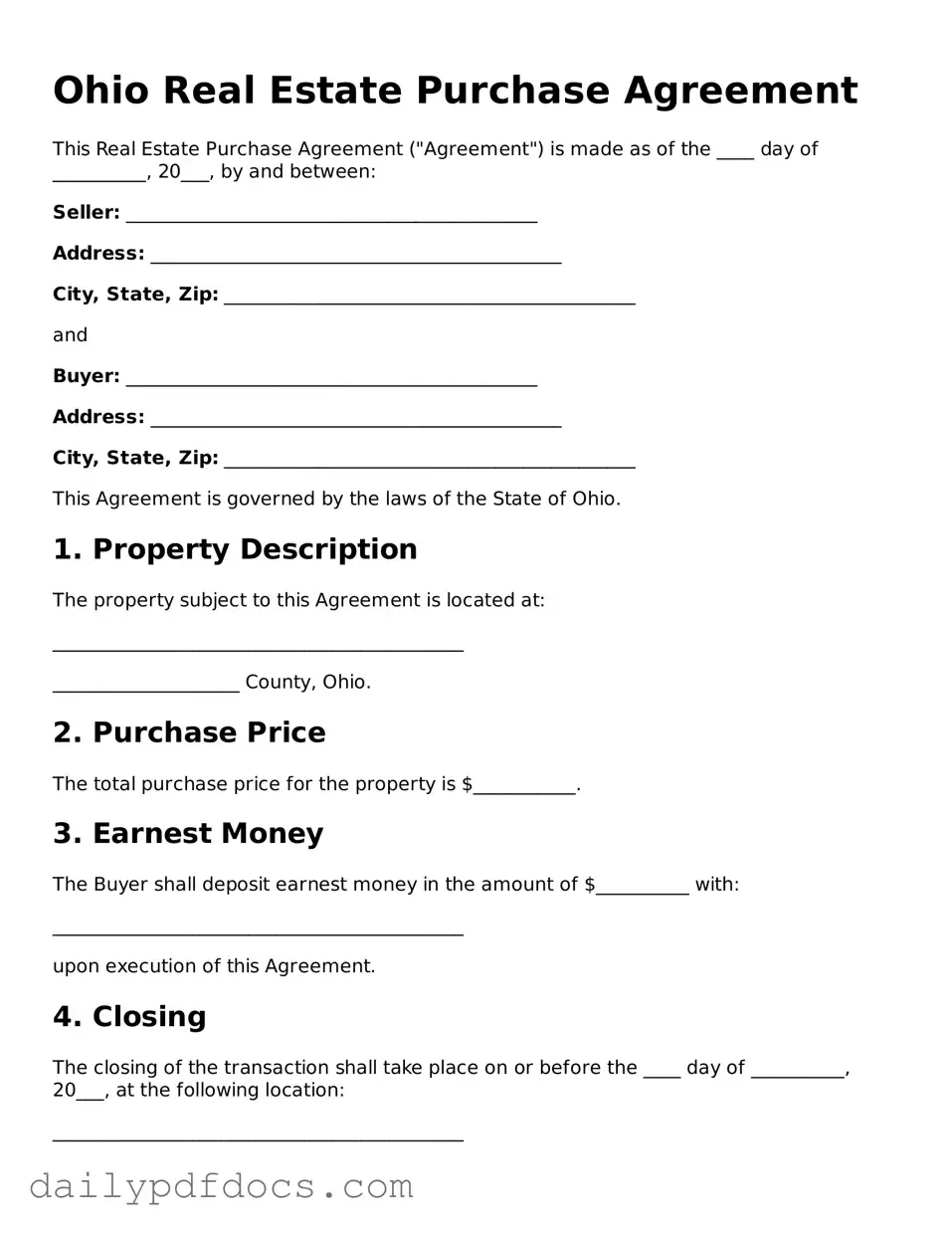 Printable  Real Estate Purchase Agreement Document for Ohio