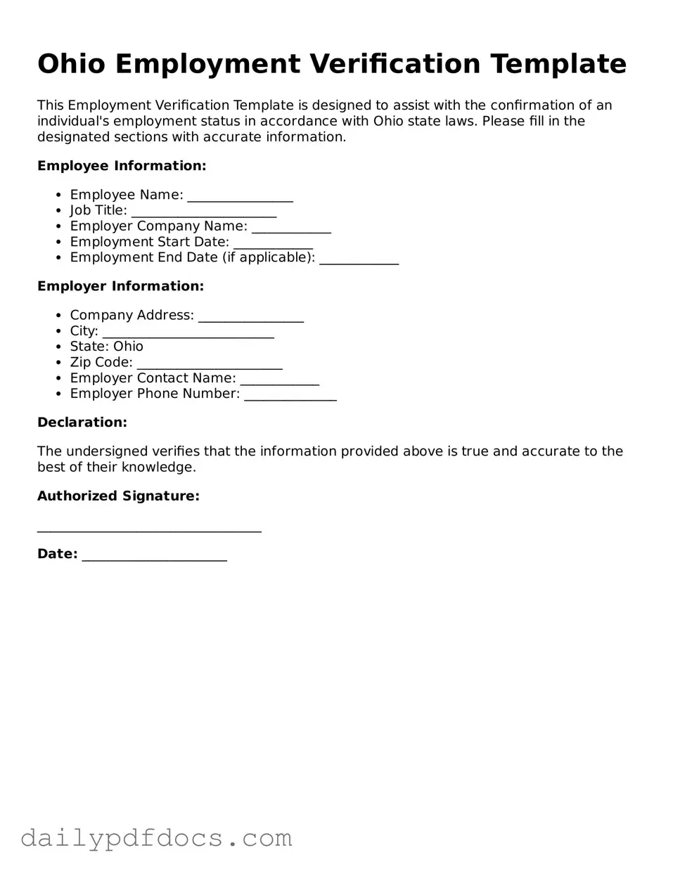 Printable  Employment Verification Document for Ohio
