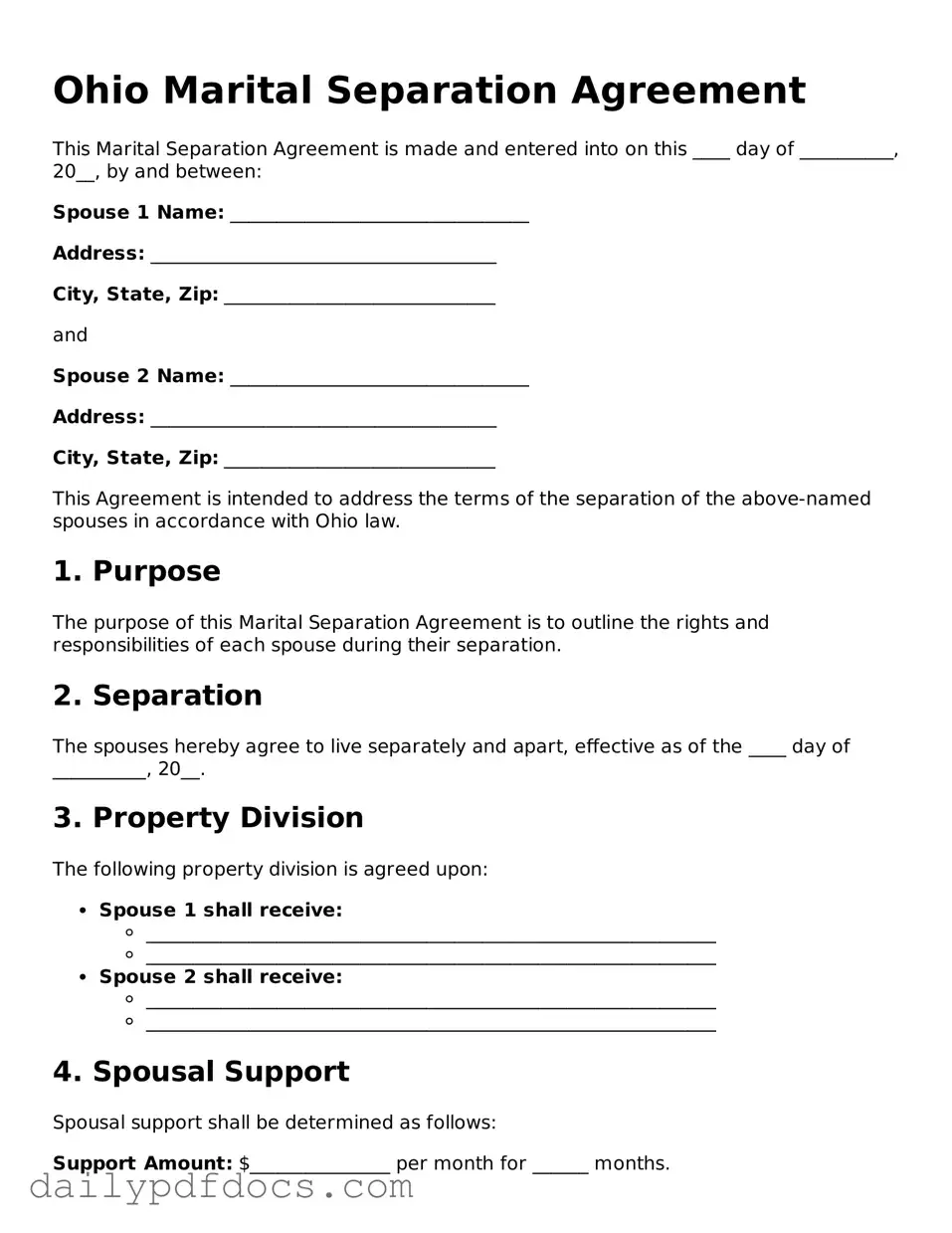 Printable  Marital Separation Agreement Document for Ohio