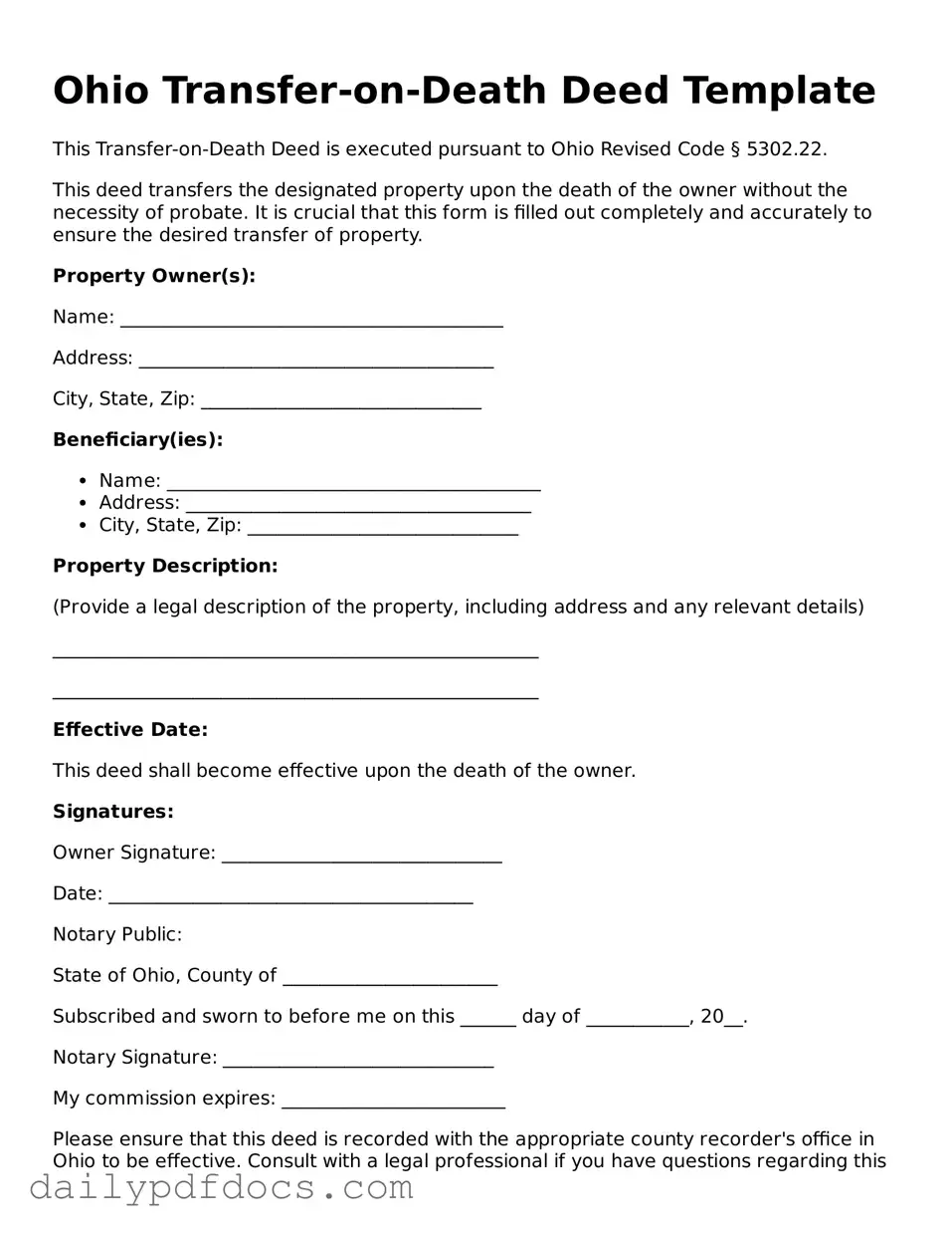 Printable  Transfer-on-Death Deed Document for Ohio
