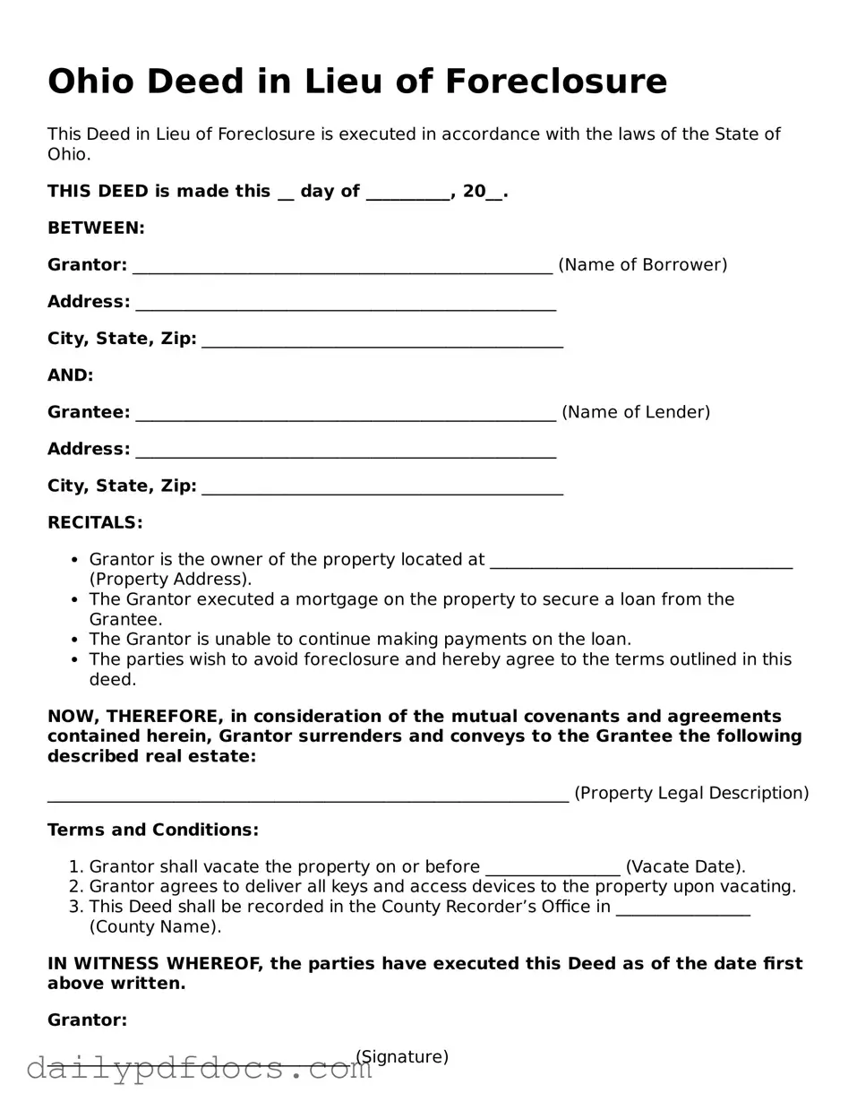 Printable  Deed in Lieu of Foreclosure Document for Ohio