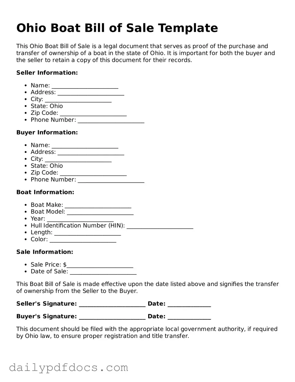 Printable  Boat Bill of Sale Document for Ohio