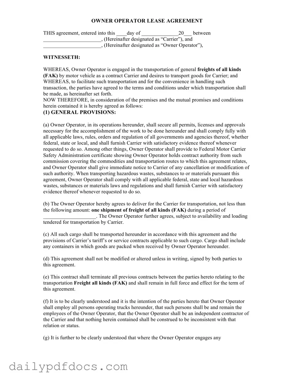 Fill Your Owner Operator Lease Agreement Form