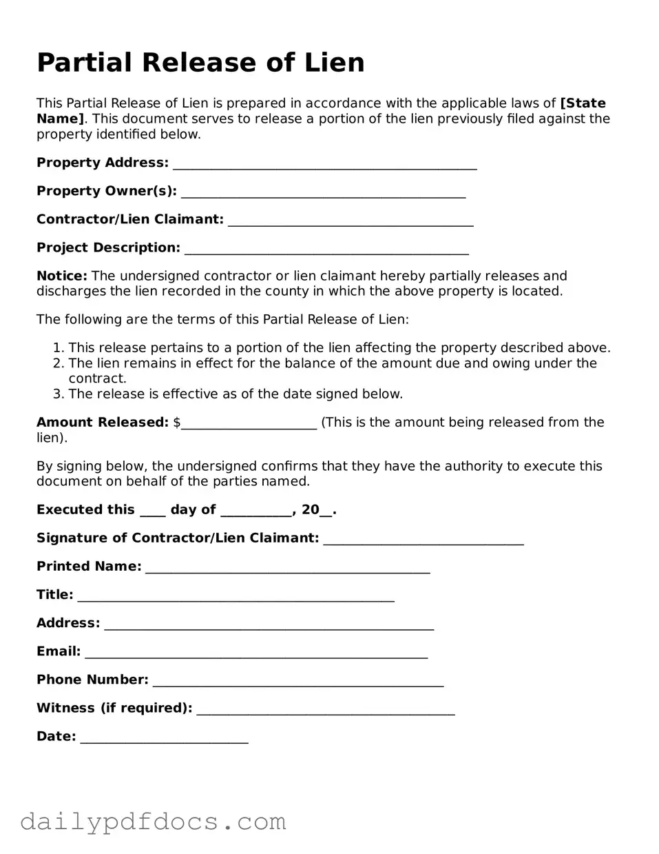 Free Partial Release of Lien Template
