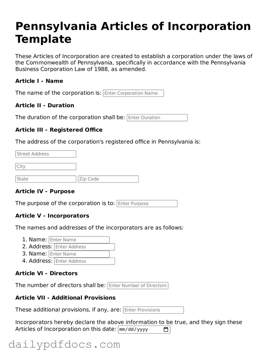 Printable Articles of Incorporation Document for Pennsylvania