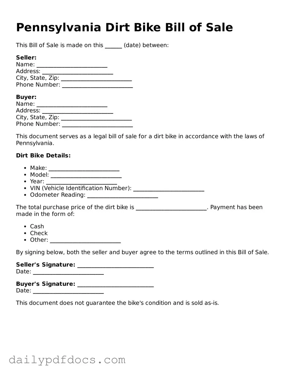 Printable  Dirt Bike Bill of Sale Document for Pennsylvania